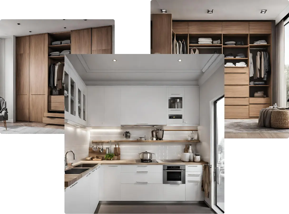 Tres ejemplos de muebles de madera hechos a medida en un ambiente de cocina y habitación.